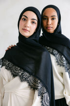 Close-up of the elegant Layla Lace from Threads by Farah, showcasing intricate lace details and delicate craftsmanship.