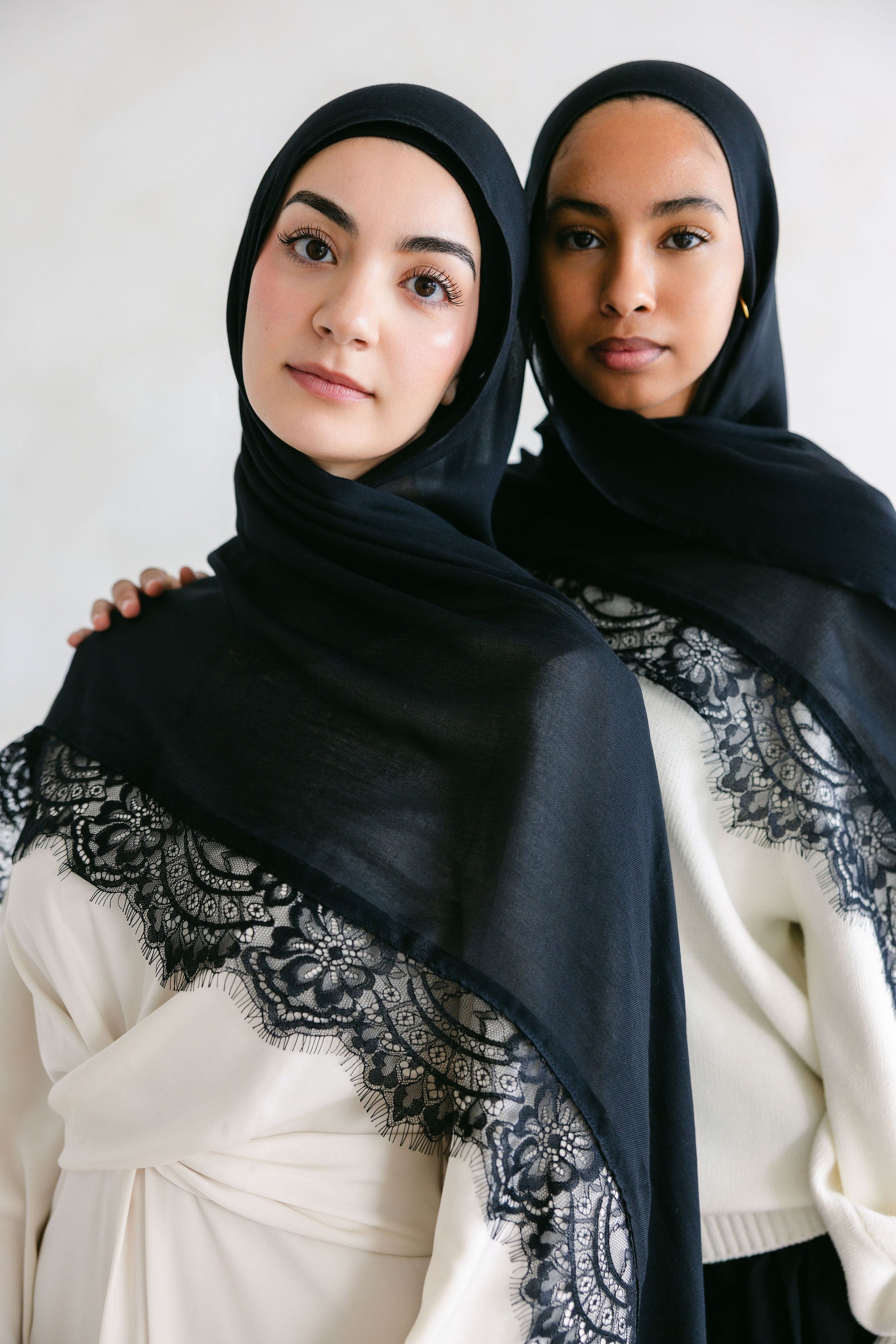 Close-up of the elegant Layla Lace from Threads by Farah, showcasing intricate lace details and delicate craftsmanship.